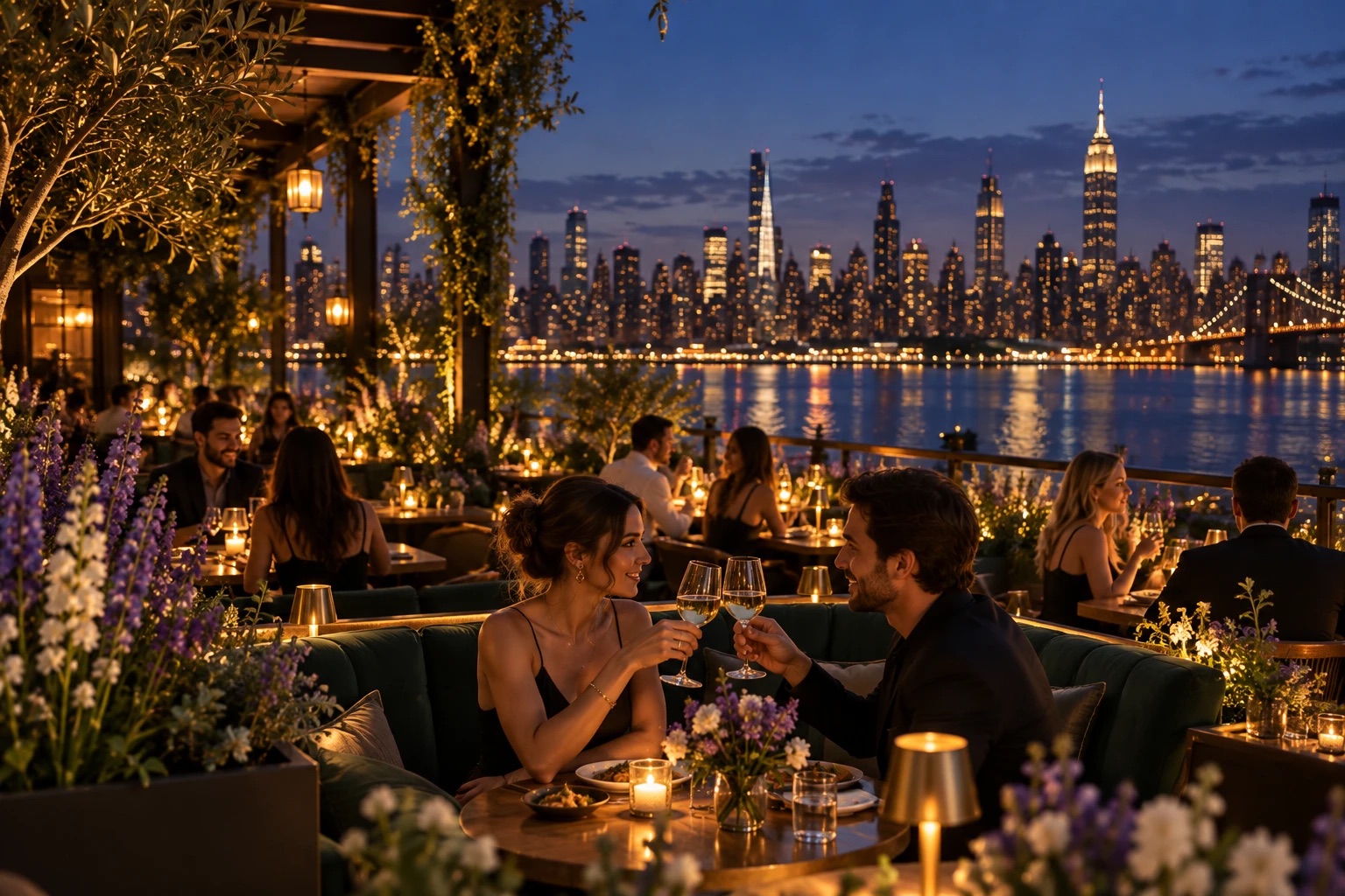 A couple toasting on The Rooftop at night